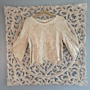 Solitaire Boho Floral Lace Top | Beige Elegant Romantic Bell Sleeve Blouse Sz XL